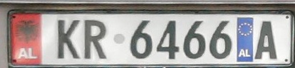 Vehicle registration plate of Kruja, Albania. With the blue strip of European Union given to the cars who travel in the EU countries.