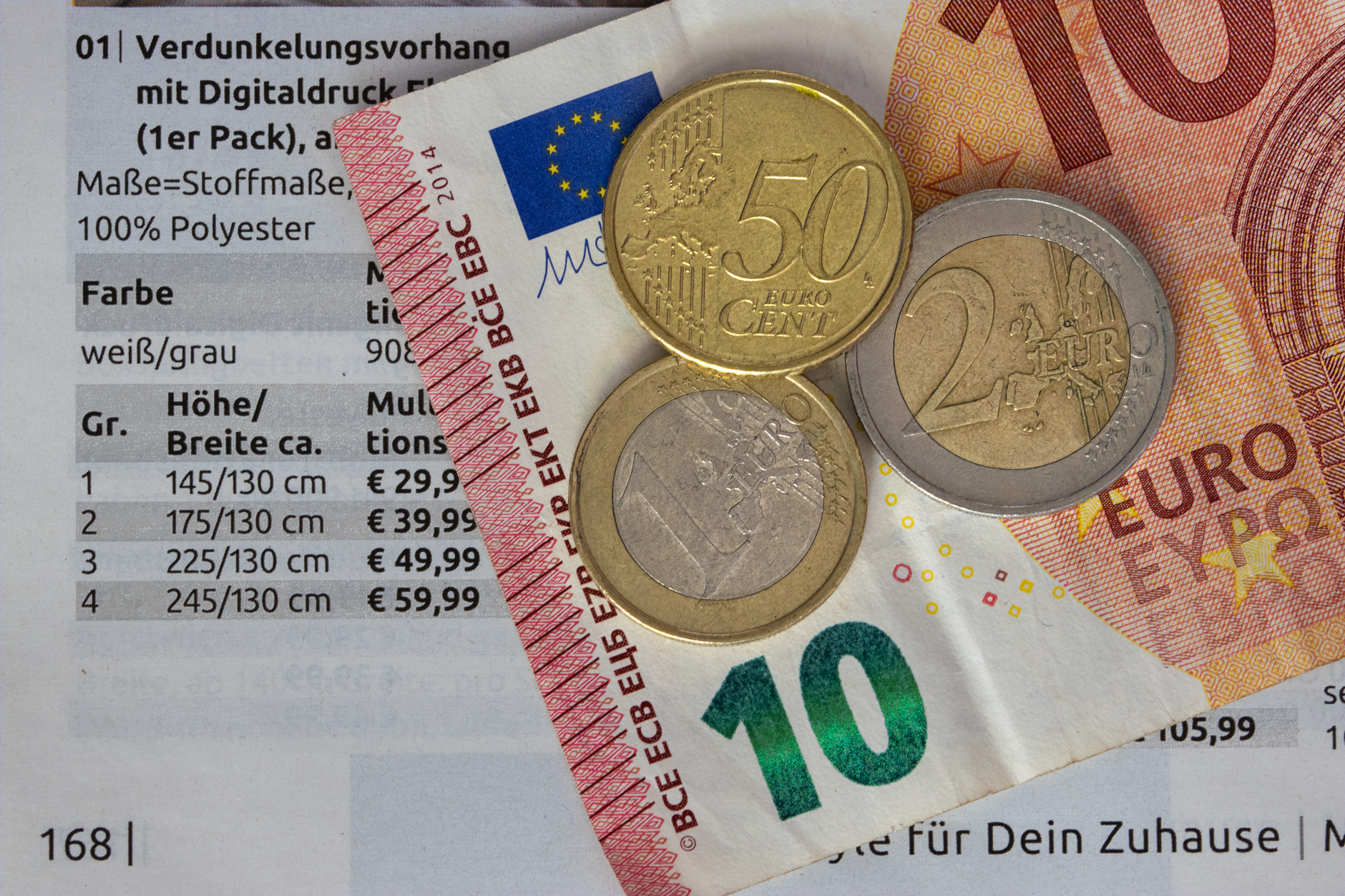 Euro coins and bills on a price list, symbolizing finance and economy.