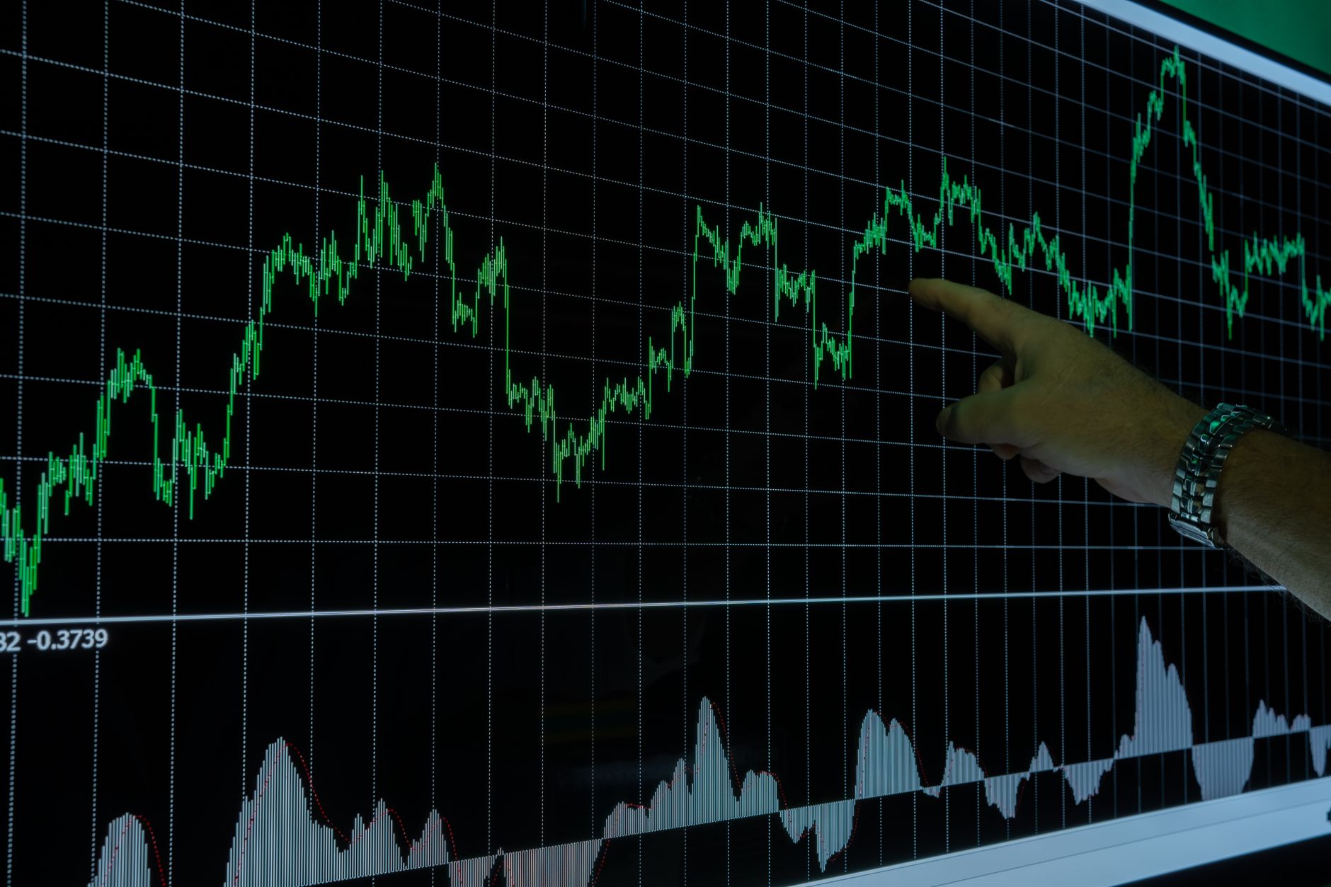 A hand points to a financial graph on a digital screen, indicating market trends.